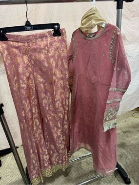 Girls' Dusty Rose Embroidered Formal Tunic & Pants Set with Gold Accents